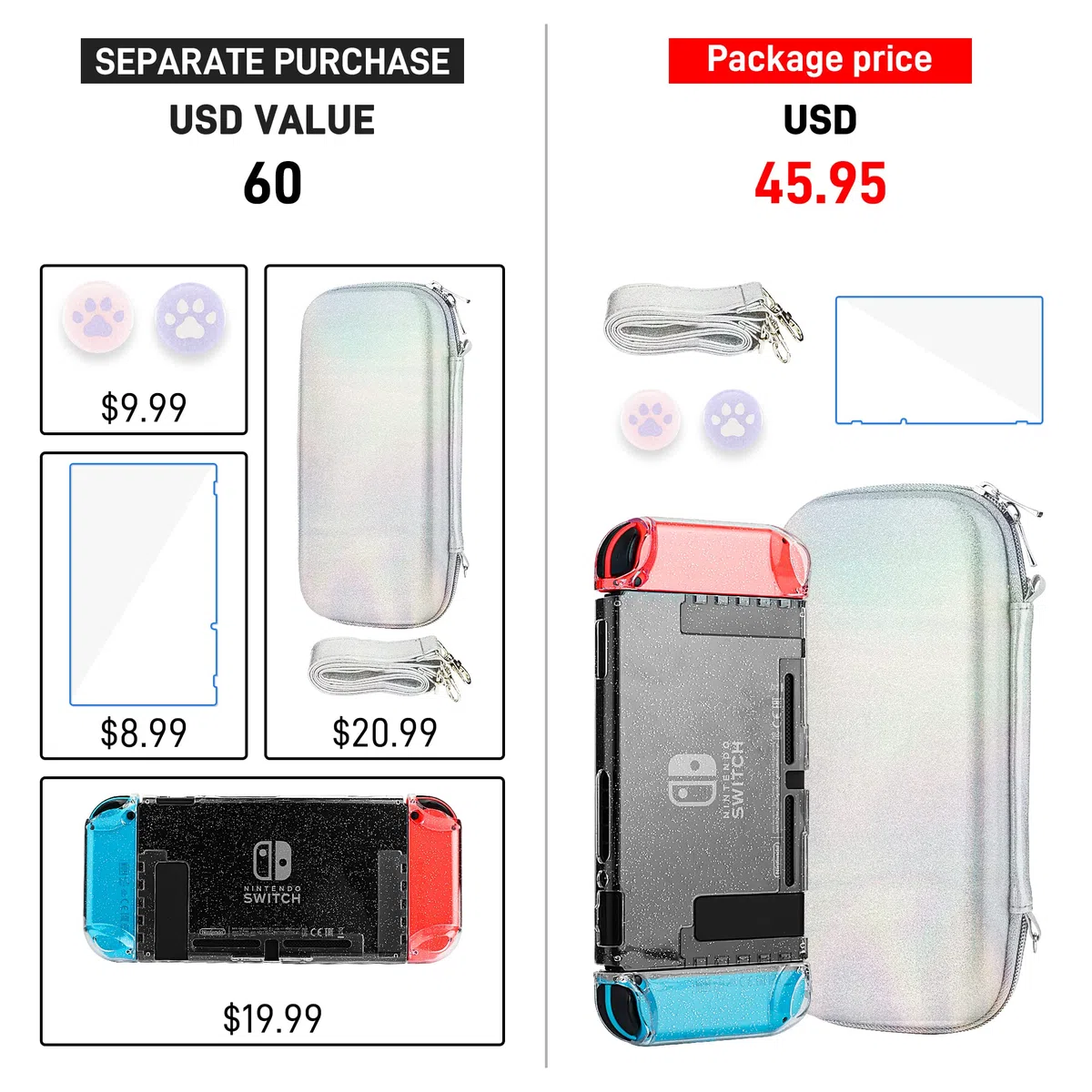 FANPL Funda con Purpurina para Accesorios de Nintendo Switch, Funda de Transporte Rainbow Sparkle para Switch y Joy con con Protector de Pantalla, 2 agarres para el Pulgar, Correa para el Hombro