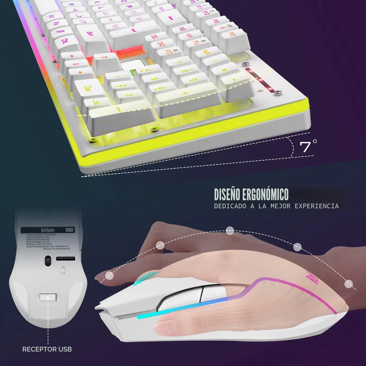 RedThunder K10 Teclado Gaming Sensación Mecánico Inalámbrico,Retroiluminación RGB,Batería Recargable de 3800 mAh, Anti-ghosting+Ratón 7D 3200DPI,AZERTY FR,para PC/PS5/Xbox-Blanco
