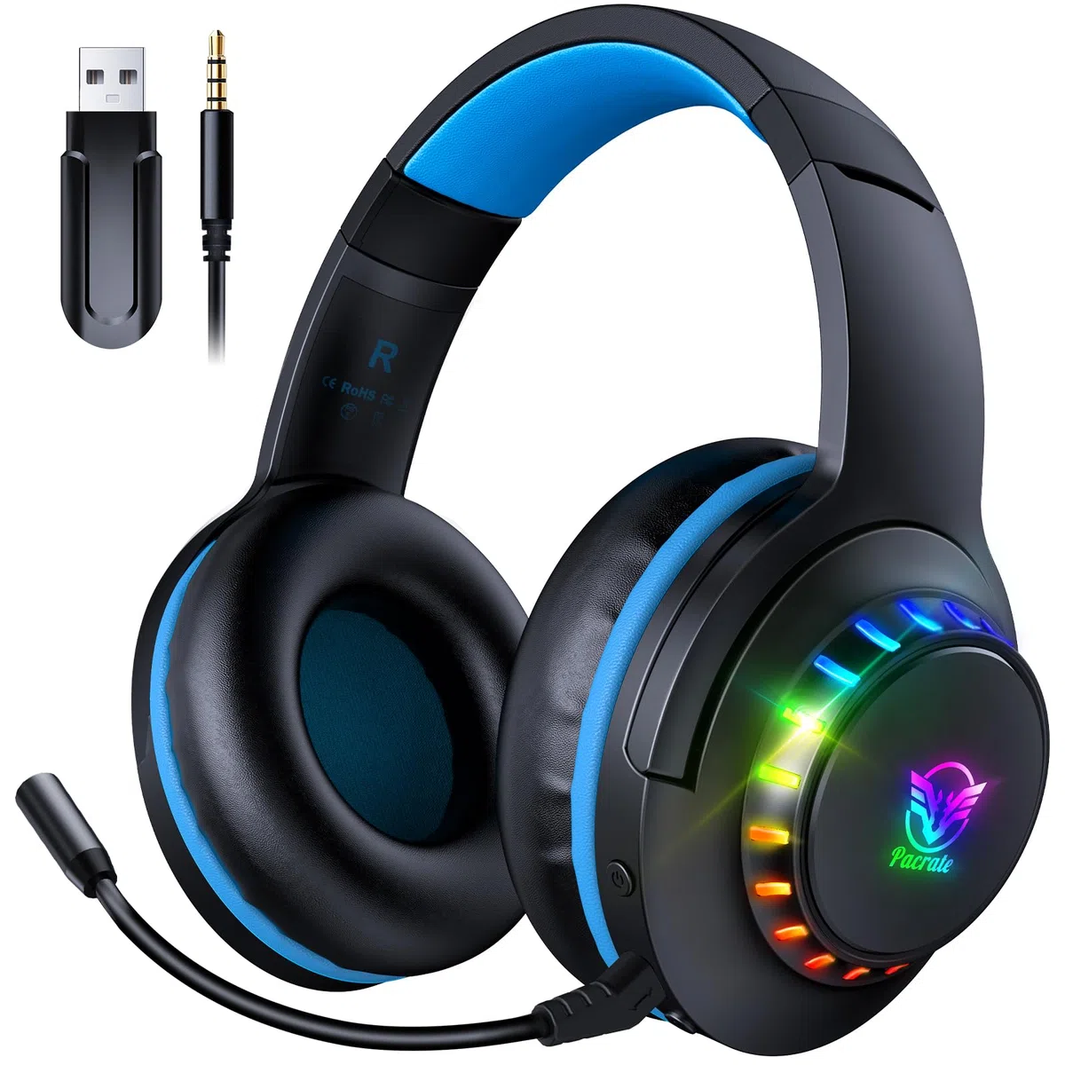 Pacrate 2.4 GHz Cascos Gaming Inalambricos para PS5 PS4 Pc Mac Switch, Auriculares Gaming Inalambricos Bluetooth con Micrófono Desmontable con Cancelación de Ruido, 3.5mm Cascos PS5 para Serie Xbox
