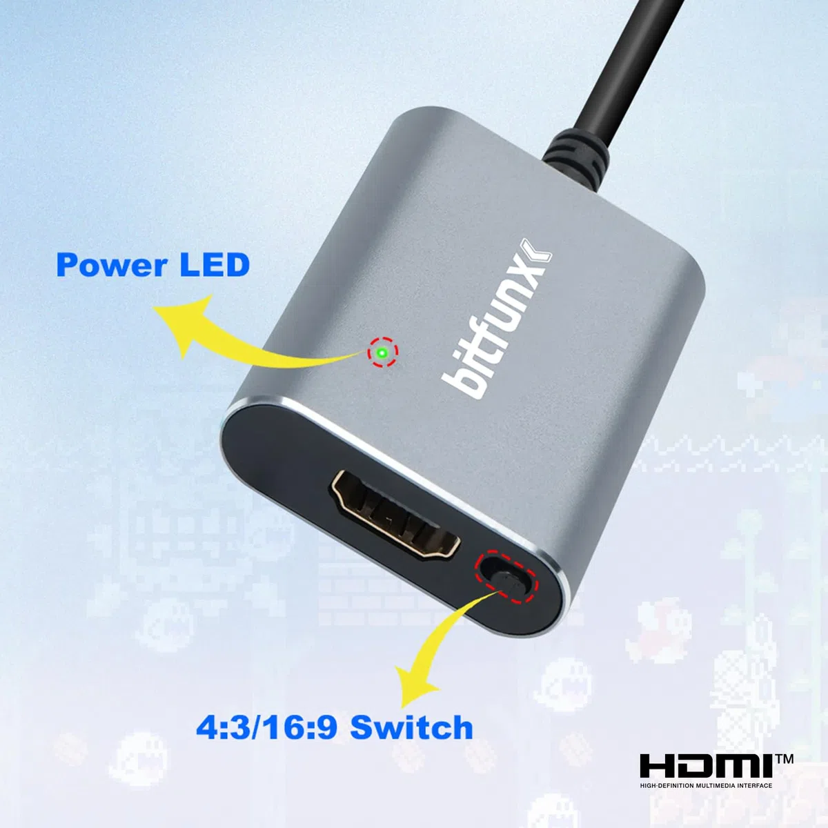 BITFUNX Adaptador HDMI N64/NGC/SFC/SNES – Compatible con Auto SV y AV e Interruptor 16:9/4:3, Adaptador de Videojuegos Plug & Play sin retraso