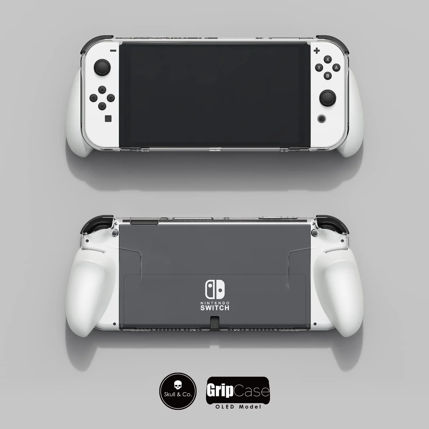 Skull & Co. GripCase OLED Bundle for Nintendo Switch OLED: A Dockable Transparent Protective Cover Case with Interchangeable Grips [to fit All Hands Sizes] [with Carrying Case]
