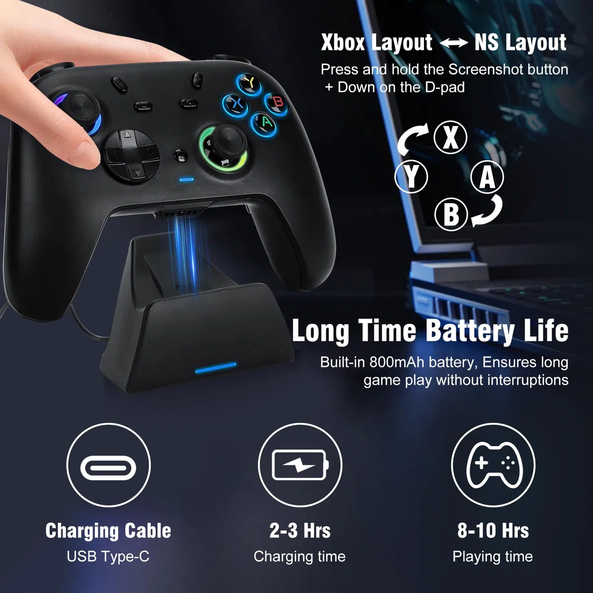 DuLingKer Mando PC con Carga Base, Mando Inalámbrico para Switch 2/Switch/PC Windows/Steam/OLED/Lite, Gaming Mandos con Hall Efecto Trigger/Joystick(Sin Deriva), Luz RGB, Botón M1/M2 Negro