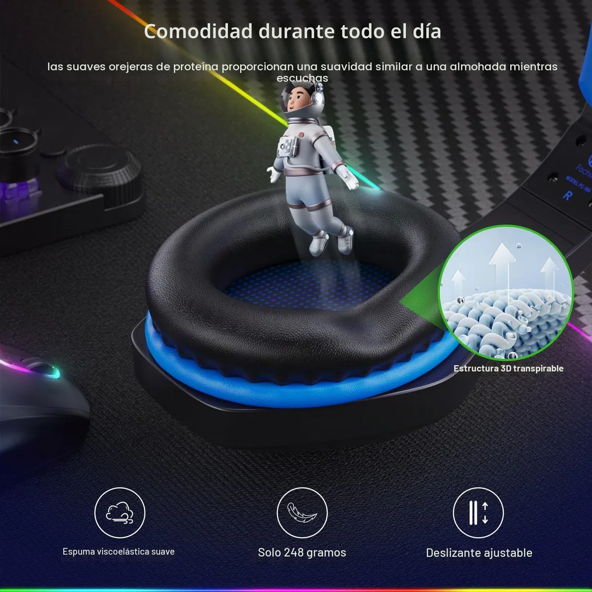 Fachixy FC100 - Auriculares inalámbricos con micrófono, 2,4 G, para PS5, PS4, PC, Switch, Mac, Sonido Envolvente, Bluetooth, Auriculares inalámbricos con luz LED, más de 50 Horas de duración de la
