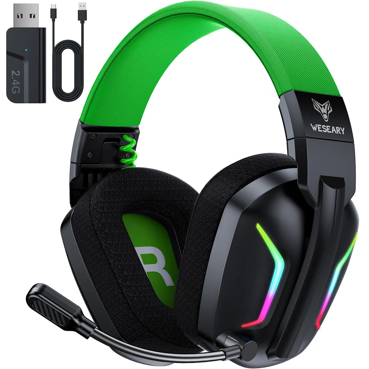 WESEARY WG1 Cascos Gaming Inalambricos, Auriculares Gaming Inalambricos para PS5, PS4, PC, Switch, Sonido Estéreo Auriculares Gaming con Microfono, Cascos con Luz LED, Duración 50Hr+