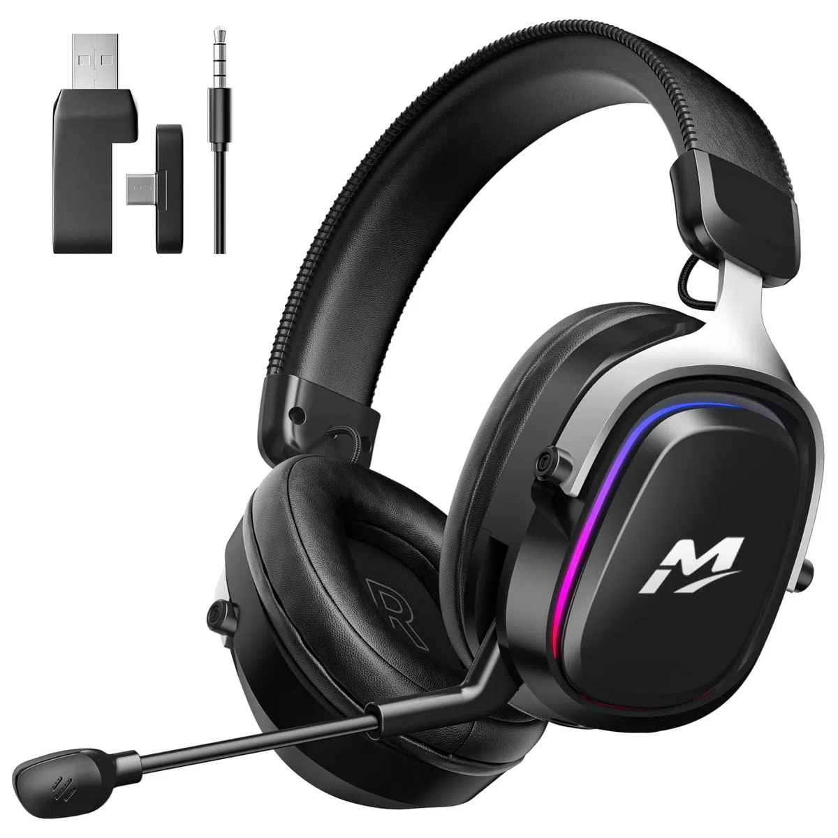 MANKIW Cascos Gaming Inalámbricos para PS5/PS4/PC/Switch, 2.4G & Bluetooth 6.0, Cascos Inalámbricos Gaming con Sonido Surround 7.1, Micrófono con Cancelación de Ruido, RGB, 60+ Horas, Drivers de 50 mm