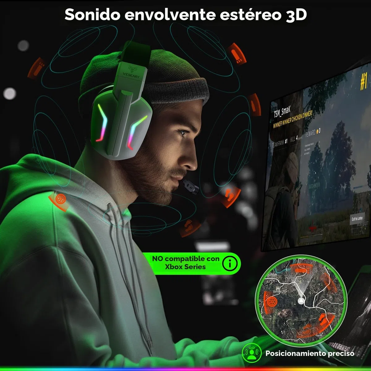 WESEARY WG1 Cascos Gaming Inalambricos, Auriculares Gaming Inalambricos para PS5, PS4, PC, Switch, Sonido Estéreo Auriculares Gaming con Microfono, Cascos con Luz LED, Duración 50Hr+