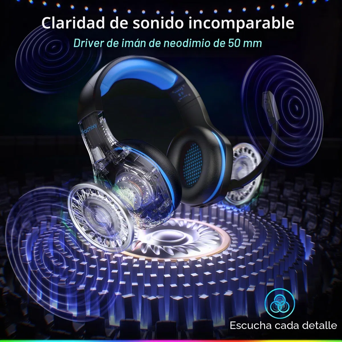 Fachixy FC100 - Auriculares inalámbricos con micrófono, 2,4 G, para PS5, PS4, PC, Switch, Mac, Sonido Envolvente, Bluetooth, Auriculares inalámbricos con luz LED, más de 50 Horas de duración de la