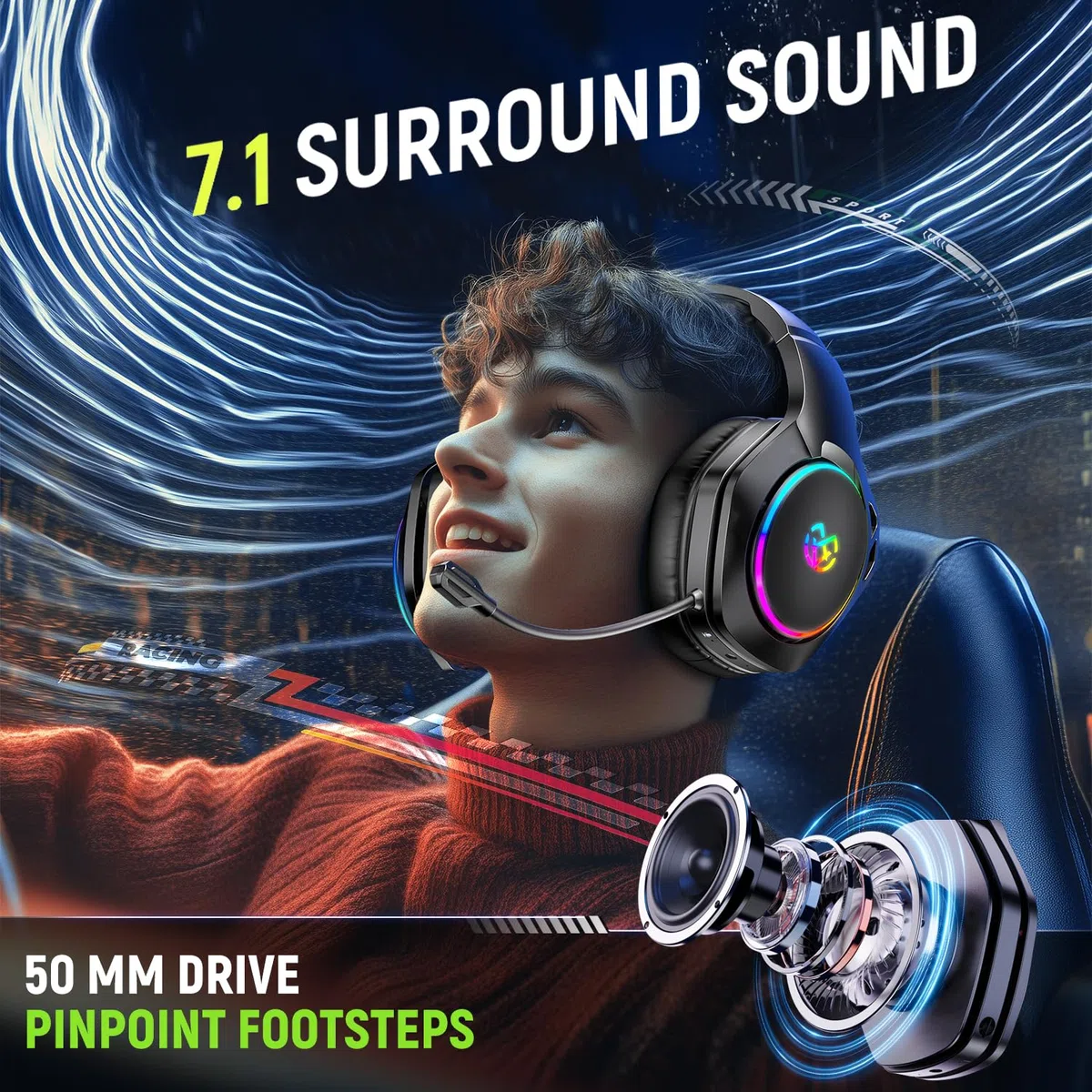 Tatybo Cascos Gaming Inalámbricos para PC/Ps5/Ps4, Auriculares Gaming Inalámbricos con 2,4 GHz+Bluetooth 5,3 Modo Dual, 7.1 Sonido Envolvente, Duración 40Hr+