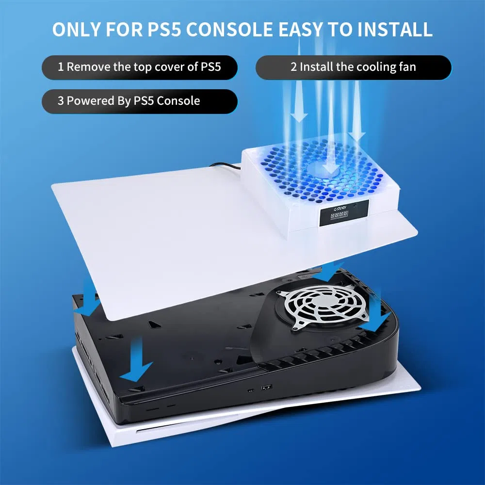 G-STORY Ventilador para PS5,Velocidad del ventilador ajustada automáticamente por la temperatura (℃/℉), Bajo ruido, 3 velocidades 1500/1750/2000RPM (140MM) con LED RGB