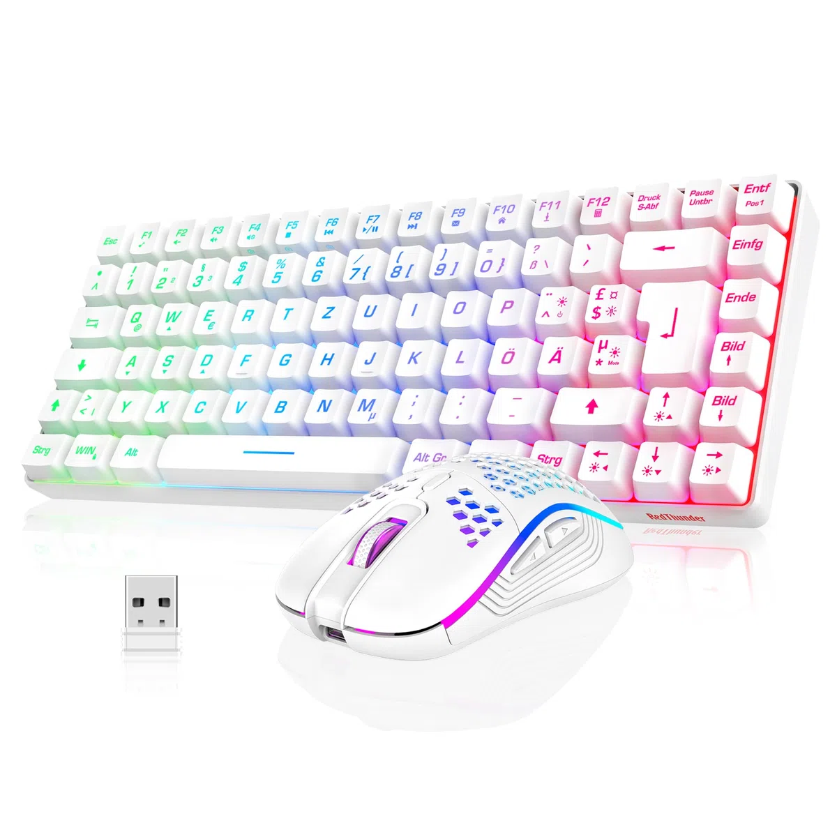 RedThunder 75% Teclado Inalámbrico Gaming,Retroiluminación RGB,Ratón Celular Ligero de 3200 dpi,Teclado Ultra-Compacto 85 Teclas Anti-ghosting,Disposición DE,para PC/PS5/Xbox(Blanco)