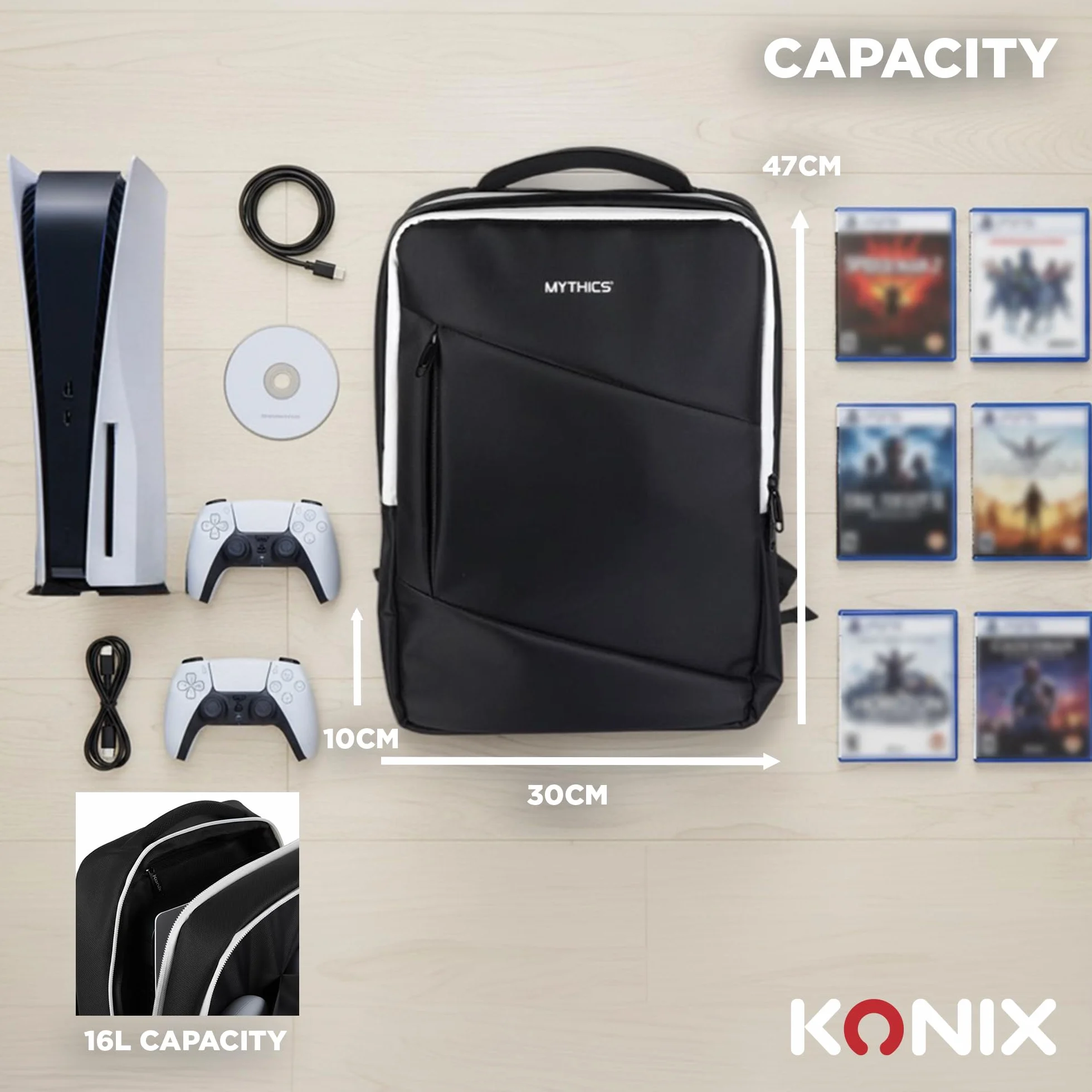 Konix Mythics Titan Mochila para Almacenamiento y Transporte de Consola y Accesorios PS5 - Volumen 16 l - 30 x 10 x 47 cm - Negro y Blanco