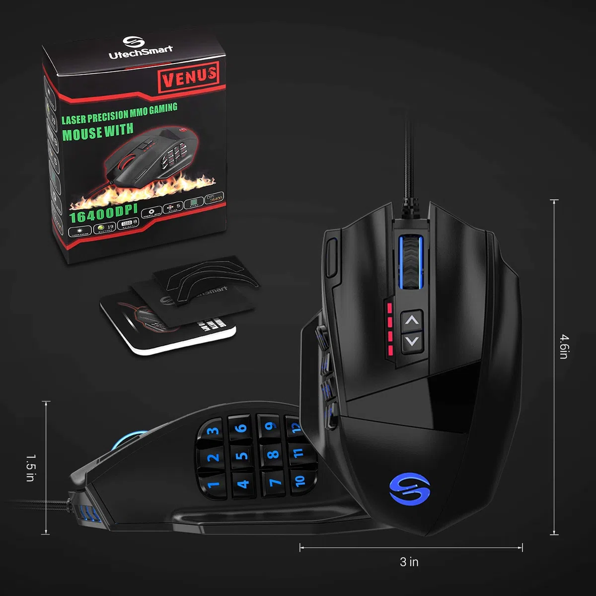 UtechSmart Venus - Ratón láser USB para juegos MMO, de alta precisión (18 botones programables, 16400 dpi), color negro