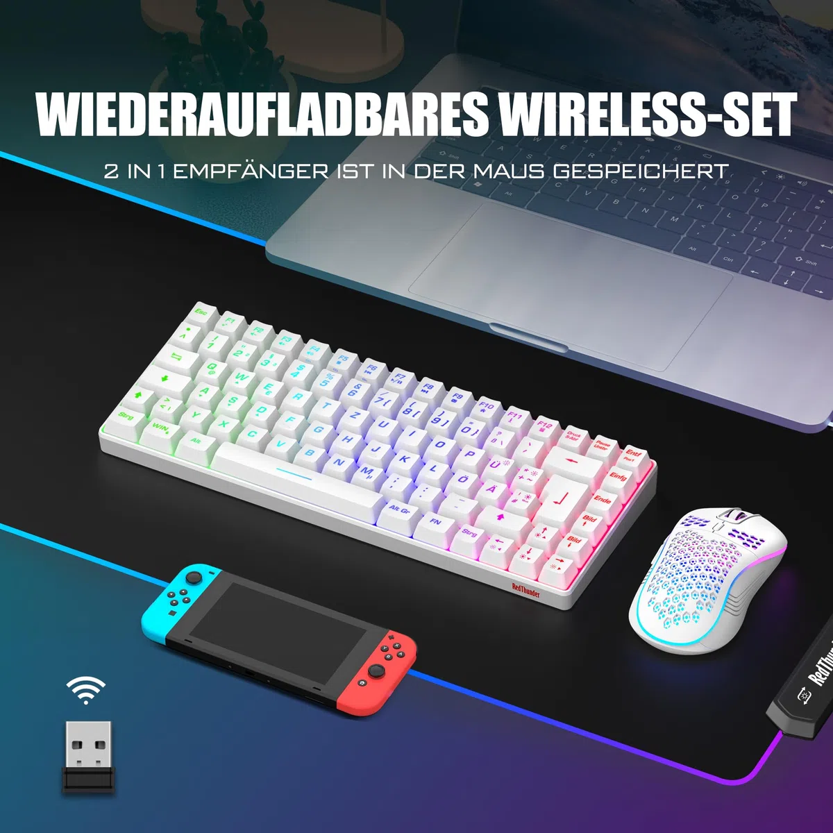 RedThunder 75% Teclado Inalámbrico Gaming,Retroiluminación RGB,Ratón Celular Ligero de 3200 dpi,Teclado Ultra-Compacto 85 Teclas Anti-ghosting,Disposición DE,para PC/PS5/Xbox(Blanco)