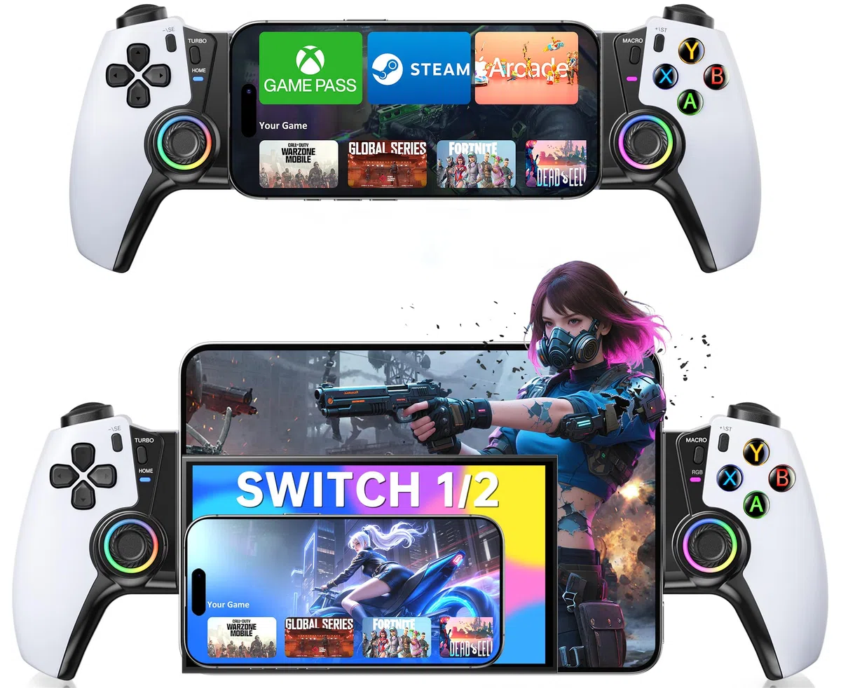 HELLCOOL Bluetooth Mando Movil para iOS/Android/Switch/OLED/Switch 2,Gamepad Inalámbrico para Teléfono para Xbox/Steam/GeForce Now/MFi Apple Arcade/Roblox,Controlador con Joystick de Efecto Hall/RGB