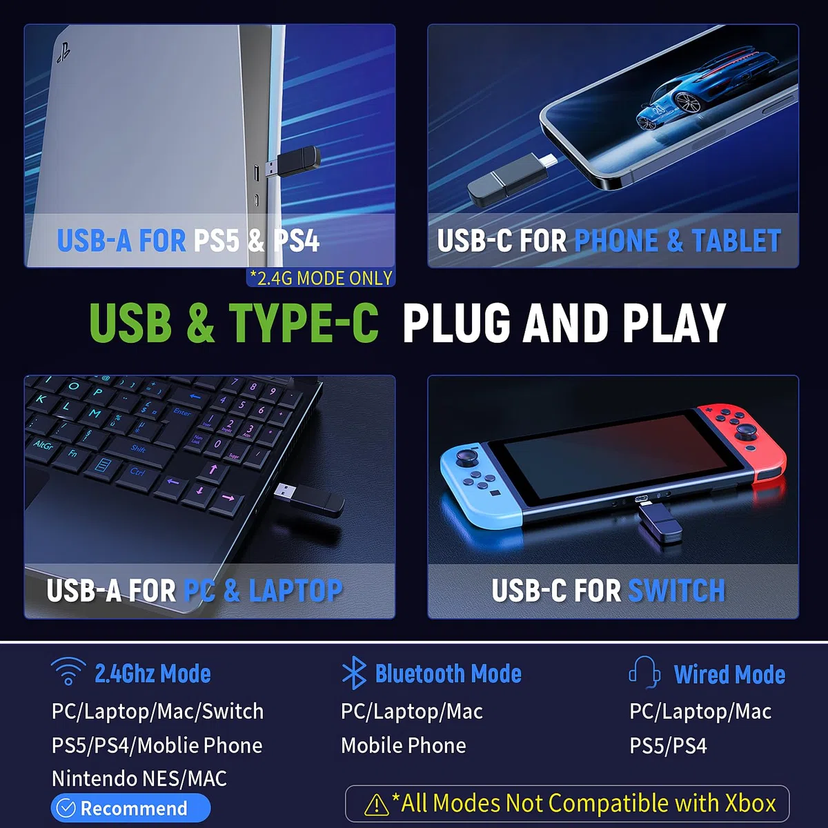 Tatybo Cascos Gaming Inalámbricos para PC/Ps5/Ps4, Auriculares Gaming Inalámbricos con 2,4 GHz+Bluetooth 5,3 Modo Dual, 7.1 Sonido Envolvente, Duración 40Hr+