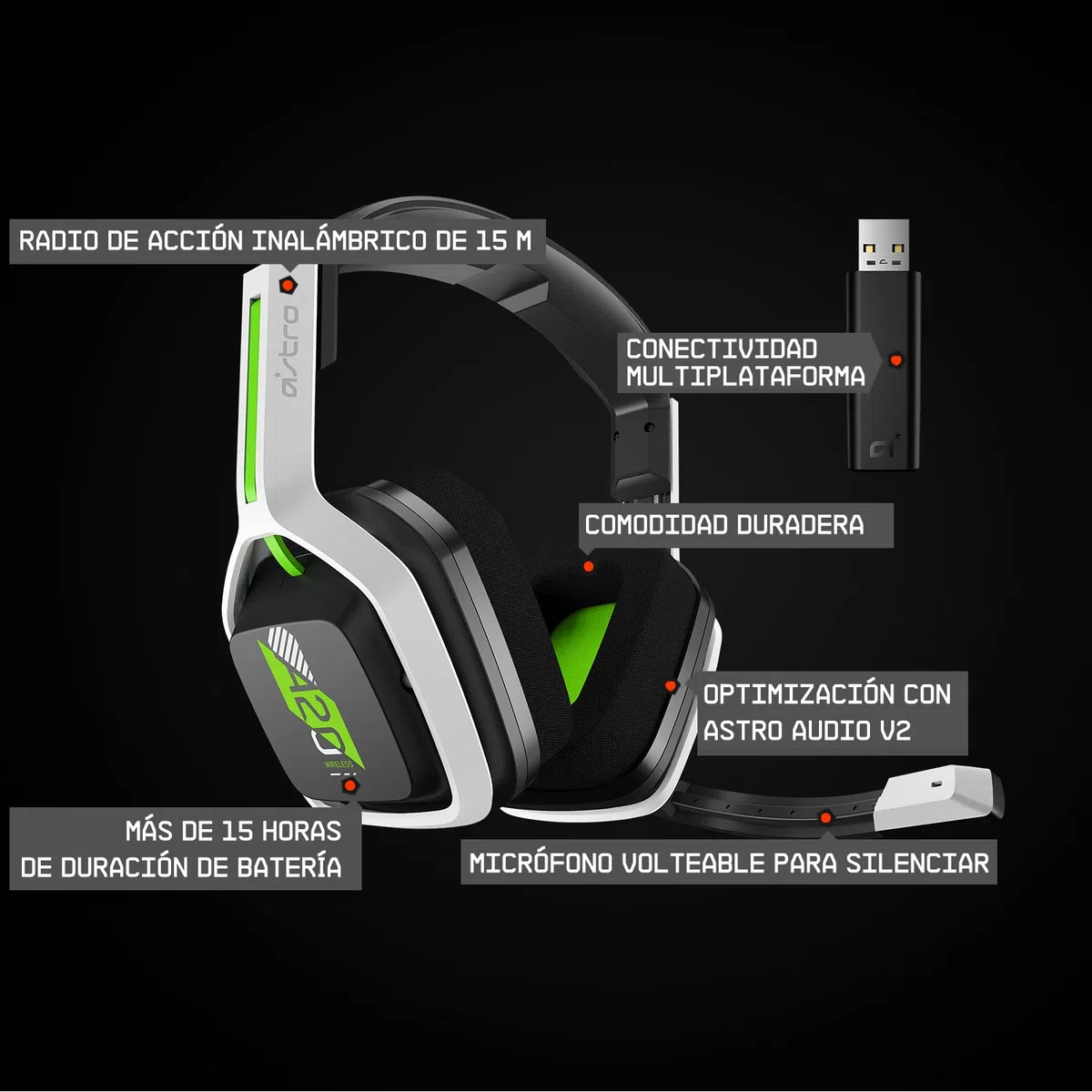 ASTRO Gaming A20 Auriculares inalámbricos Gen 2, ligeros y resistentes, Micrófon volteable silenciar, Batería de +15 Horas, Alcance inalámbrico de 15m, Xbox Series X|S/Xbox One/PC/Mac - Blanco/Verde