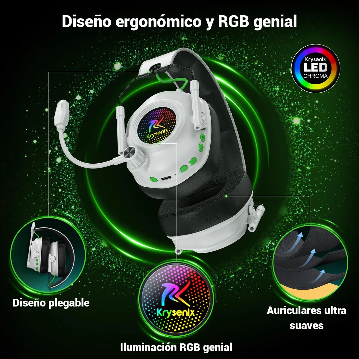 Krysenix 2,4 GHz Cascos Gaming Inalámbricos para PS5, PS4, PC, Mac, Switch, Auriculares Inalámbricos Bluetooth 5.4 con micrófono, Cancelación de Ruido, Duración 40Hr, Luz LED, Blanco Puro