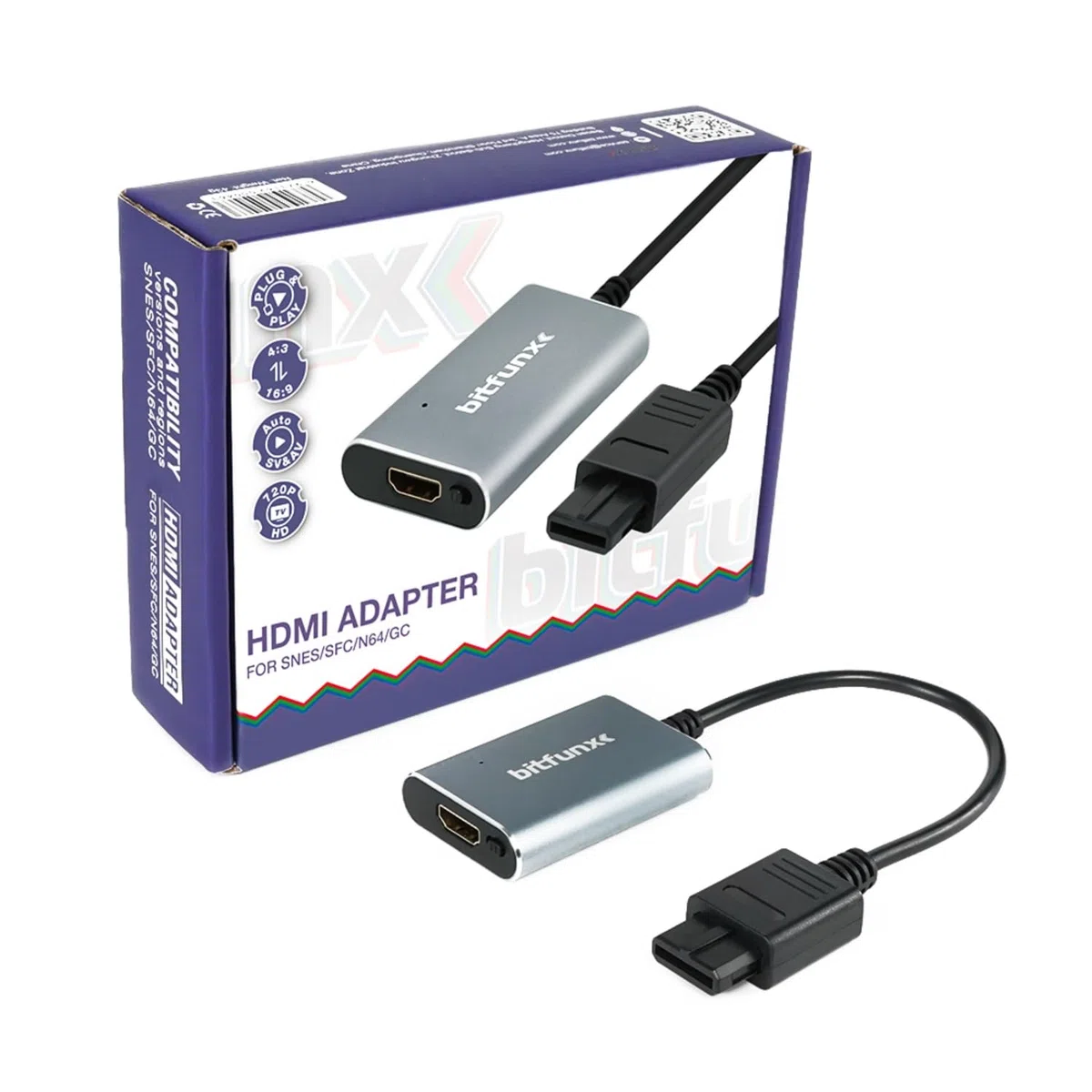 BITFUNX Adaptador HDMI N64/NGC/SFC/SNES – Compatible con Auto SV y AV e Interruptor 16:9/4:3, Adaptador de Videojuegos Plug & Play sin retraso