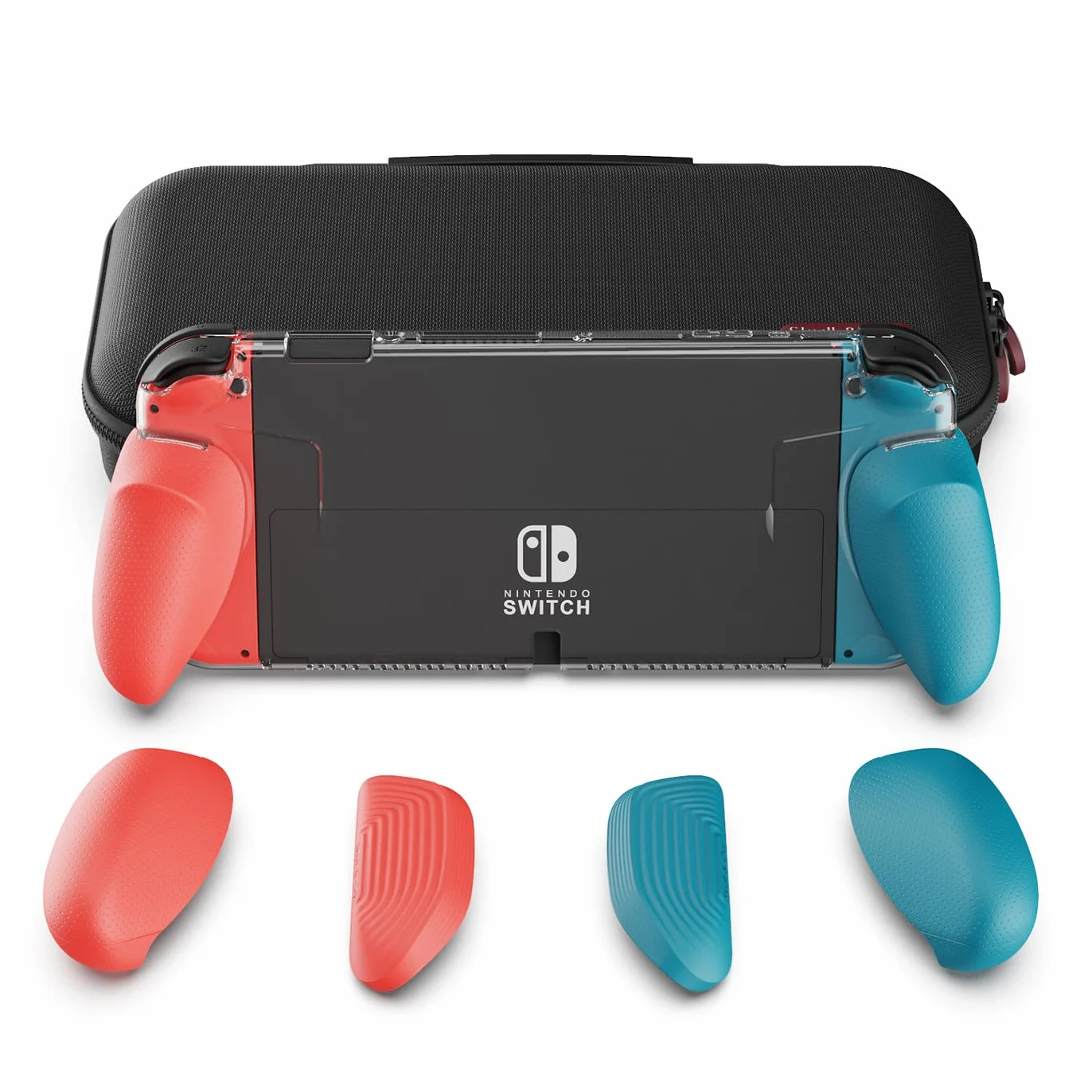 Skull & Co. GripCase OLED Bundle for Nintendo Switch OLED: A Dockable Transparent Protective Cover Case with Interchangeable Grips [to fit All Hands Sizes] [with Carrying Case]