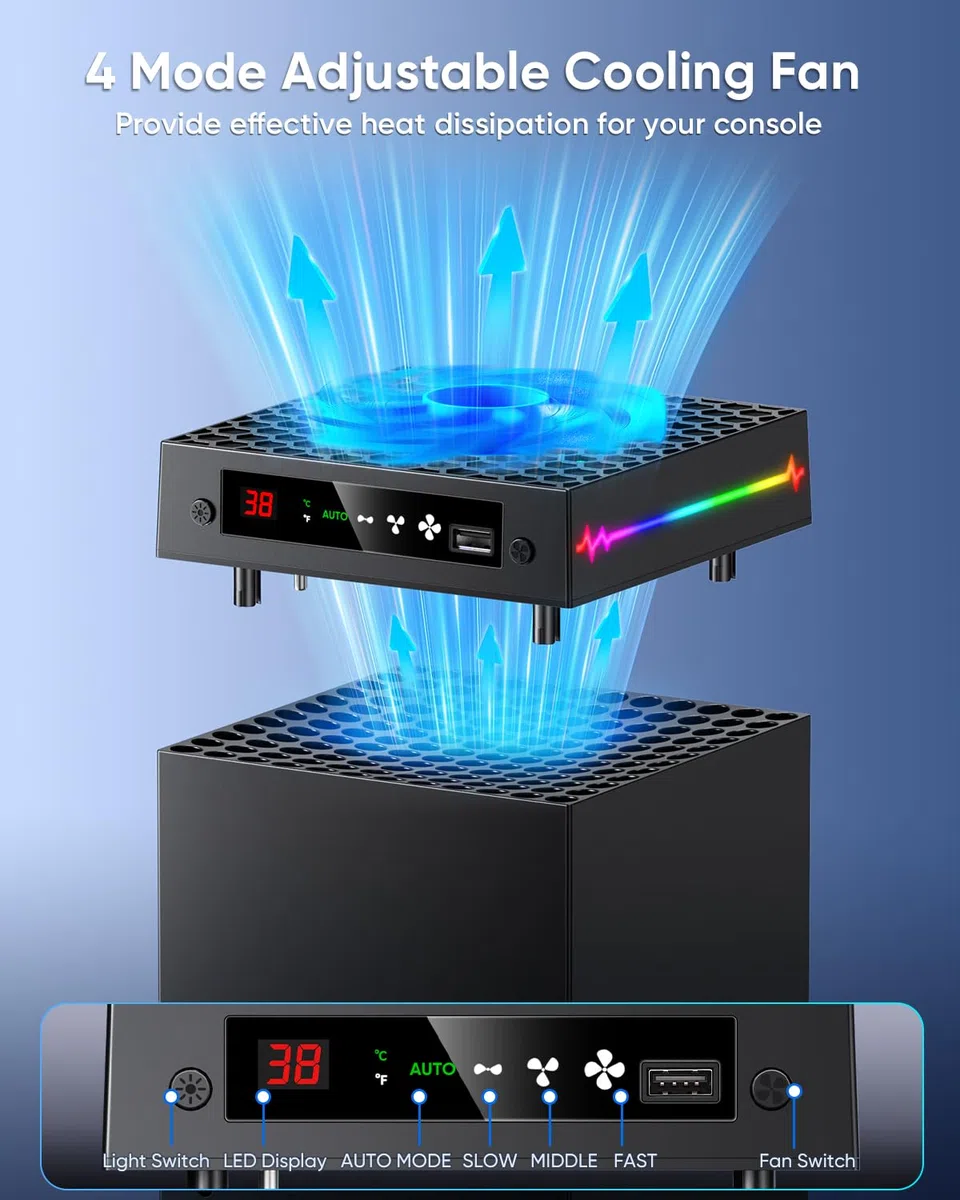 Pantalla LED: ventilador de refrigeración automática para Xbox Series X con 9 modos de luz RGB, sistema de refrigeración ajustable por temperatura con 4 engranajes para consola Xbox Series X