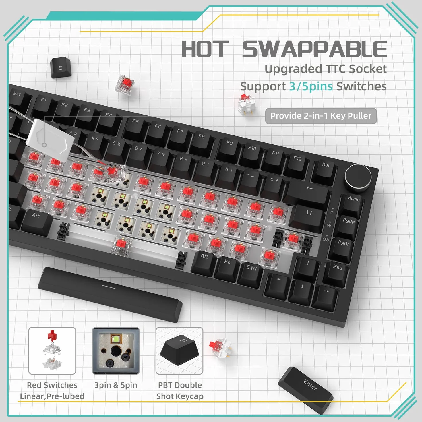 YINDIAO Ajazz AK820 Teclado Mecánico con Perilla,Diseño 75% ANSI,82 Teclas,Teclado para Juegos con Cable,5 Espumas Absorbentes de Sonido,Hot-Swap,Interruptor Rojo,Luz Blanca Hielo,para PC,Mac (Negro)