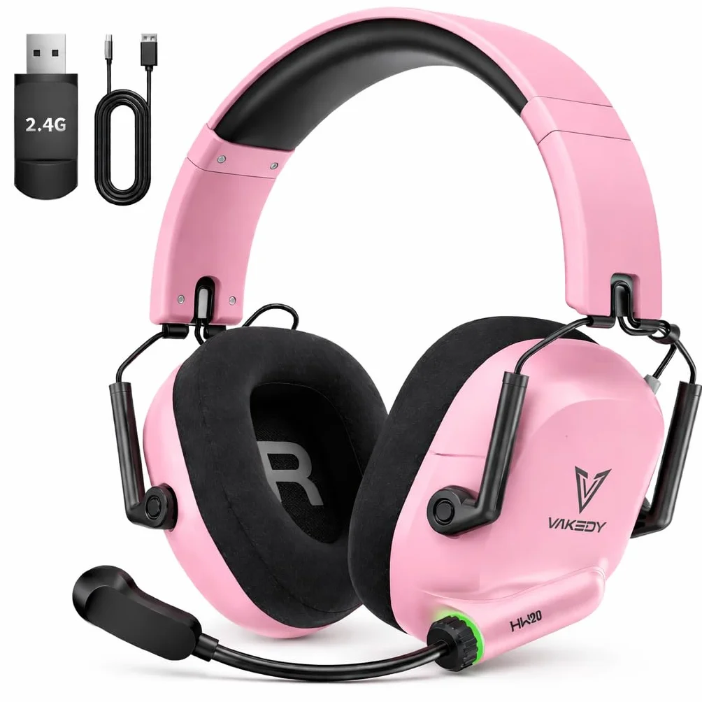 Vakedy Cascos Gaming Inalambricos, 2,4 GHz USB y Auriculares Bluetooth con Micrófono, Ultraligeros, Driver 50 mm, Baja Latencia, Batería 50H, Cascos Gamer para PS5/PS4/PC/Mac/Switch