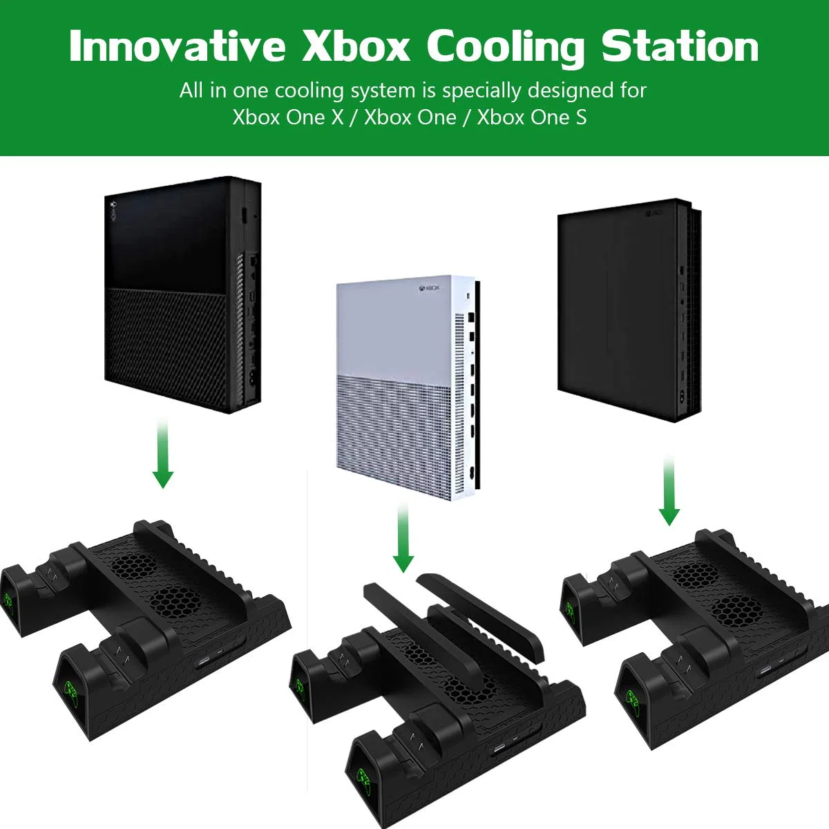 Soporte de refrigeración para Xbox One/One S/One X, estación de carga vertical con 2 baterías de 600 mAh, almacenamiento de juegos, estación de carga de doble mando