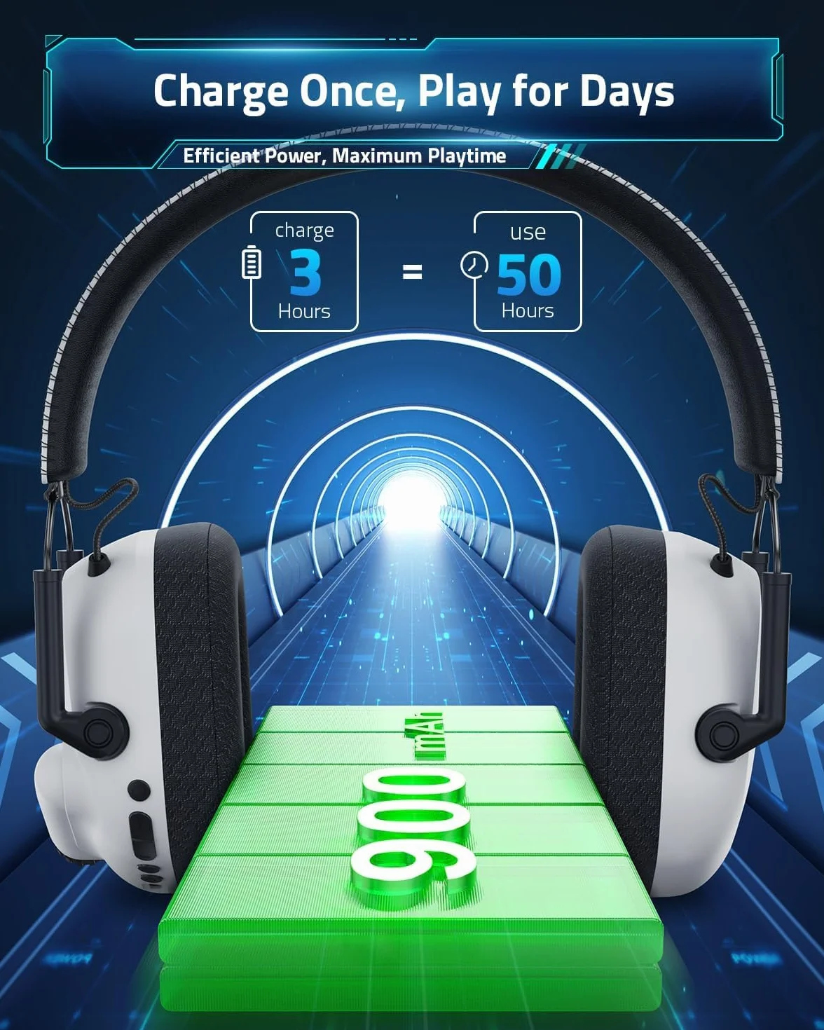 Vakedy Cascos Gaming Inalambricos, 2,4 GHz USB y Auriculares Bluetooth con Micrófono, Ultraligeros, Driver 50 mm, Baja Latencia, Batería 50H, Cascos Gamer para PS5/PS4/PC/Mac/Switch