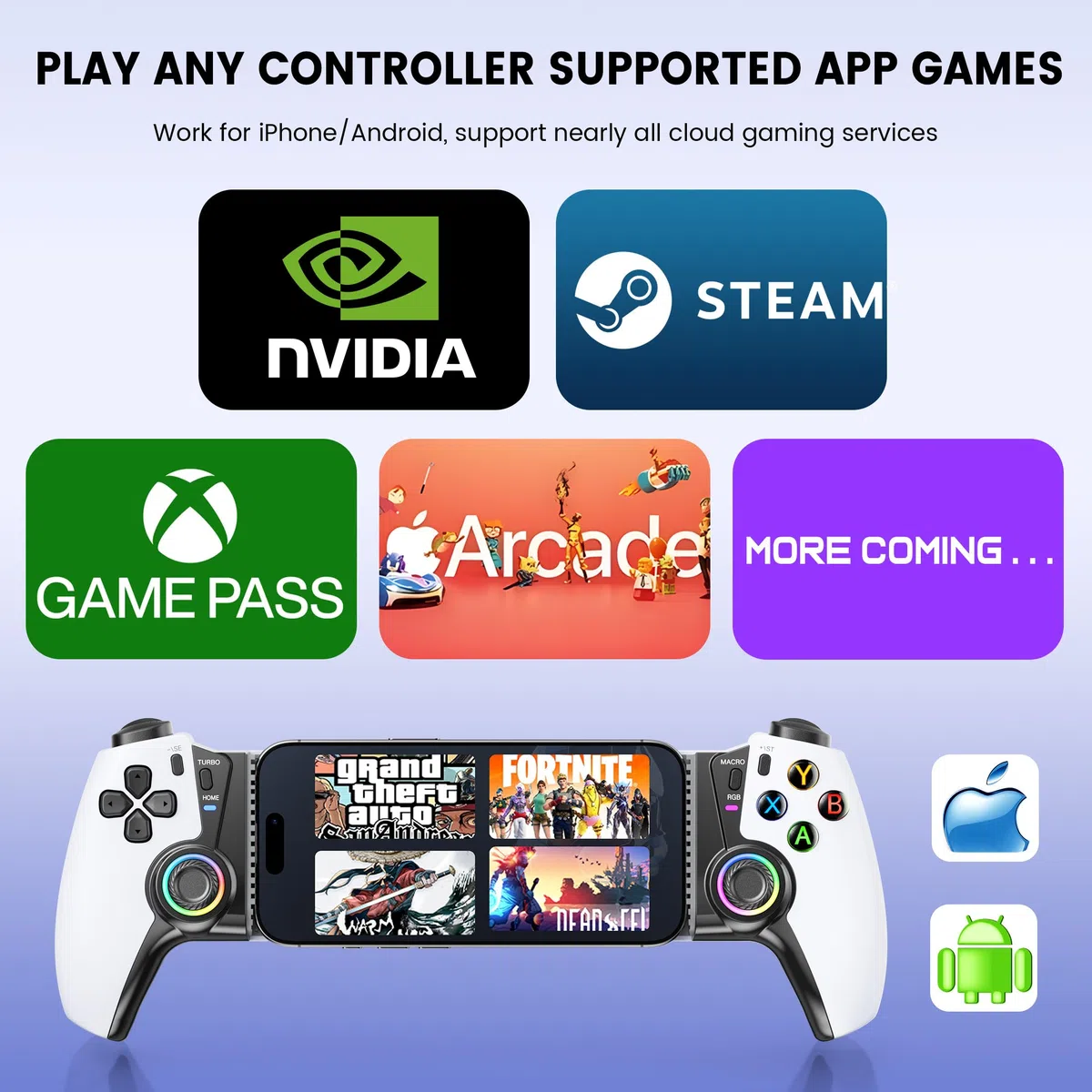 HELLCOOL Bluetooth Mando Movil para iOS/Android/Switch/OLED/Switch 2,Gamepad Inalámbrico para Teléfono para Xbox/Steam/GeForce Now/MFi Apple Arcade/Roblox,Controlador con Joystick de Efecto Hall/RGB