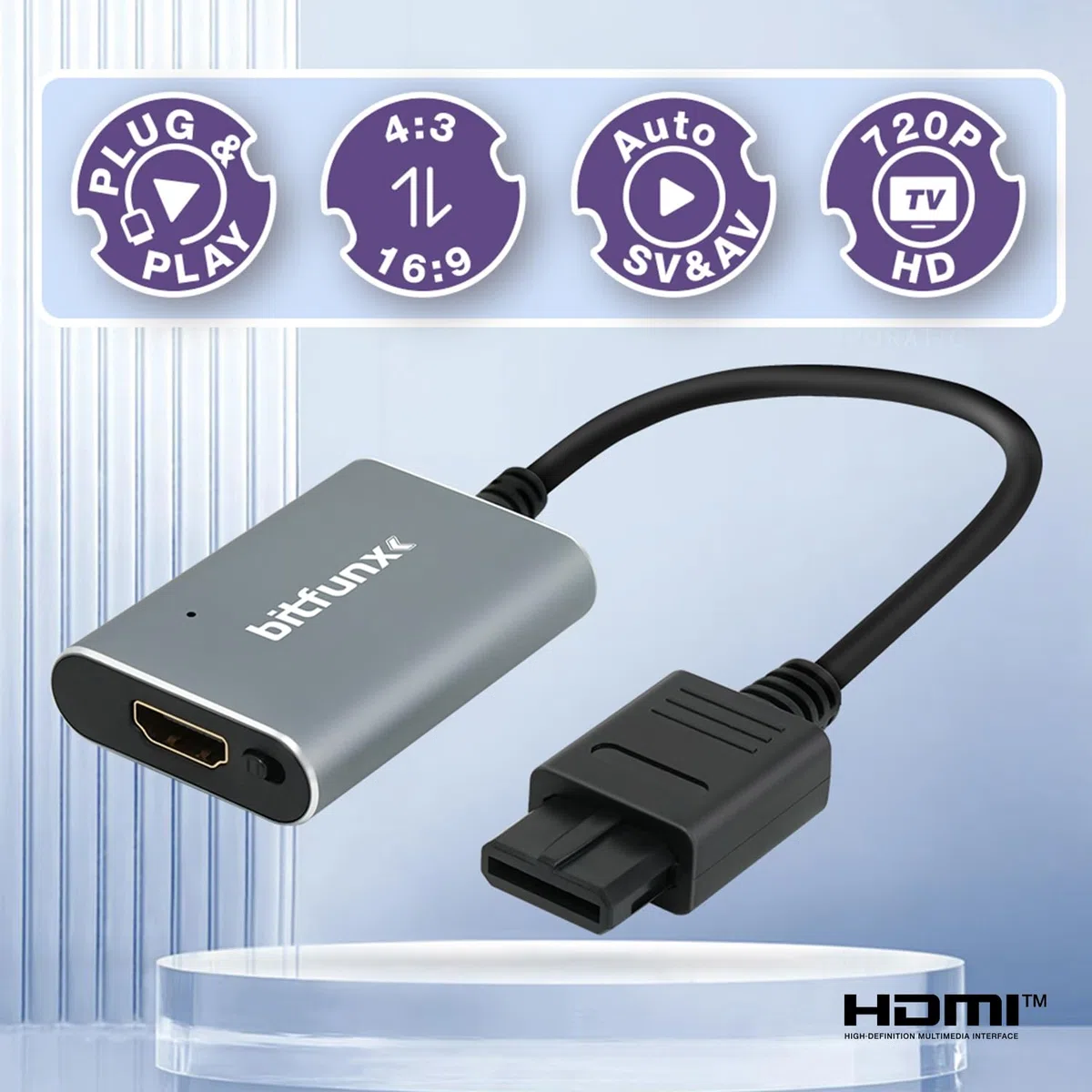 BITFUNX Adaptador HDMI N64/NGC/SFC/SNES – Compatible con Auto SV y AV e Interruptor 16:9/4:3, Adaptador de Videojuegos Plug & Play sin retraso