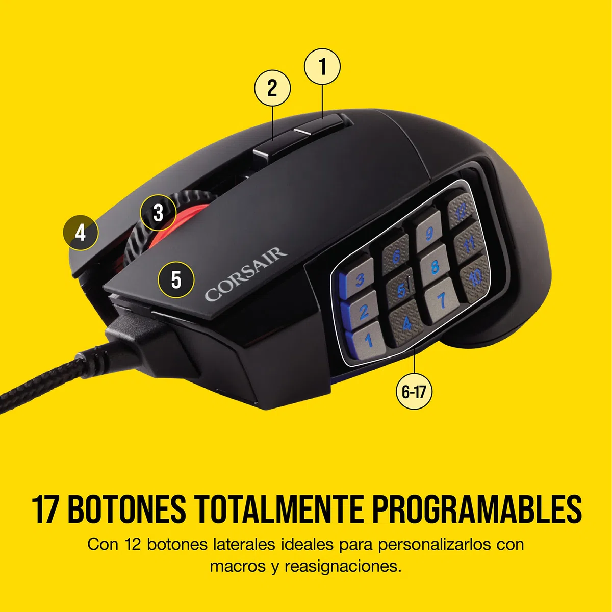 Corsair Scimitar Elite RGB Óptico MOBA/MMO Ratón para Juegos - Negro | 18.000 PPP Óptico Sensor, 17 Botones Programables, Retroiluminación RGB Dinámica en Cuatro Zonas, Forma Contorneada