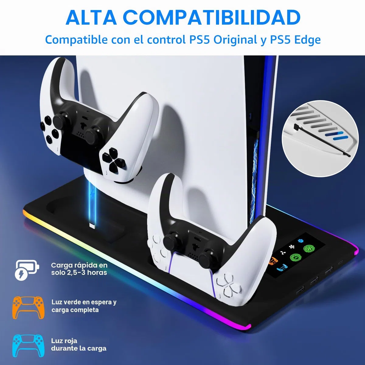 Soporte para PS5 y PS5 Slim con Ventilador de 3 Velocidades, Cargador para PS5 & Edge Mando con Luz RGB y 3 USB HUB, para Disc & Digital(Negro)