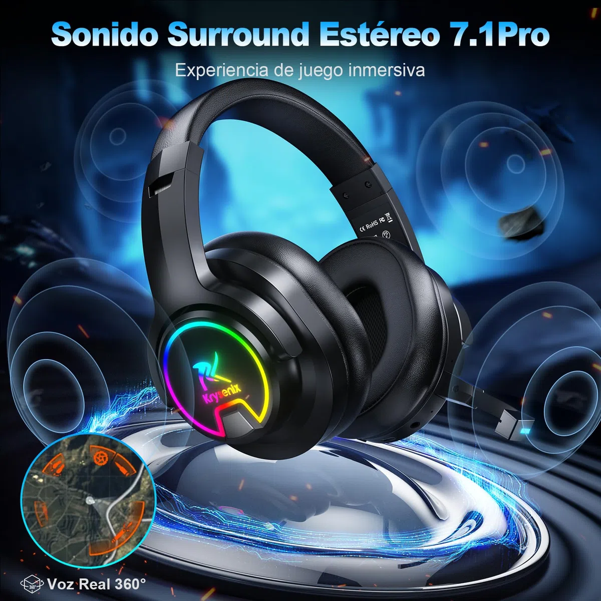Krysenix PG3 2,4 GHz Cascos Gaming Inalámbricos para PS5, PS4, PC, Mac, Switch, Auriculares Inalámbricos Bluetooth 5.4 con micrófono Desmontable, 7.1 Sonido Envolvente, Duración 48Hr, Luz LED