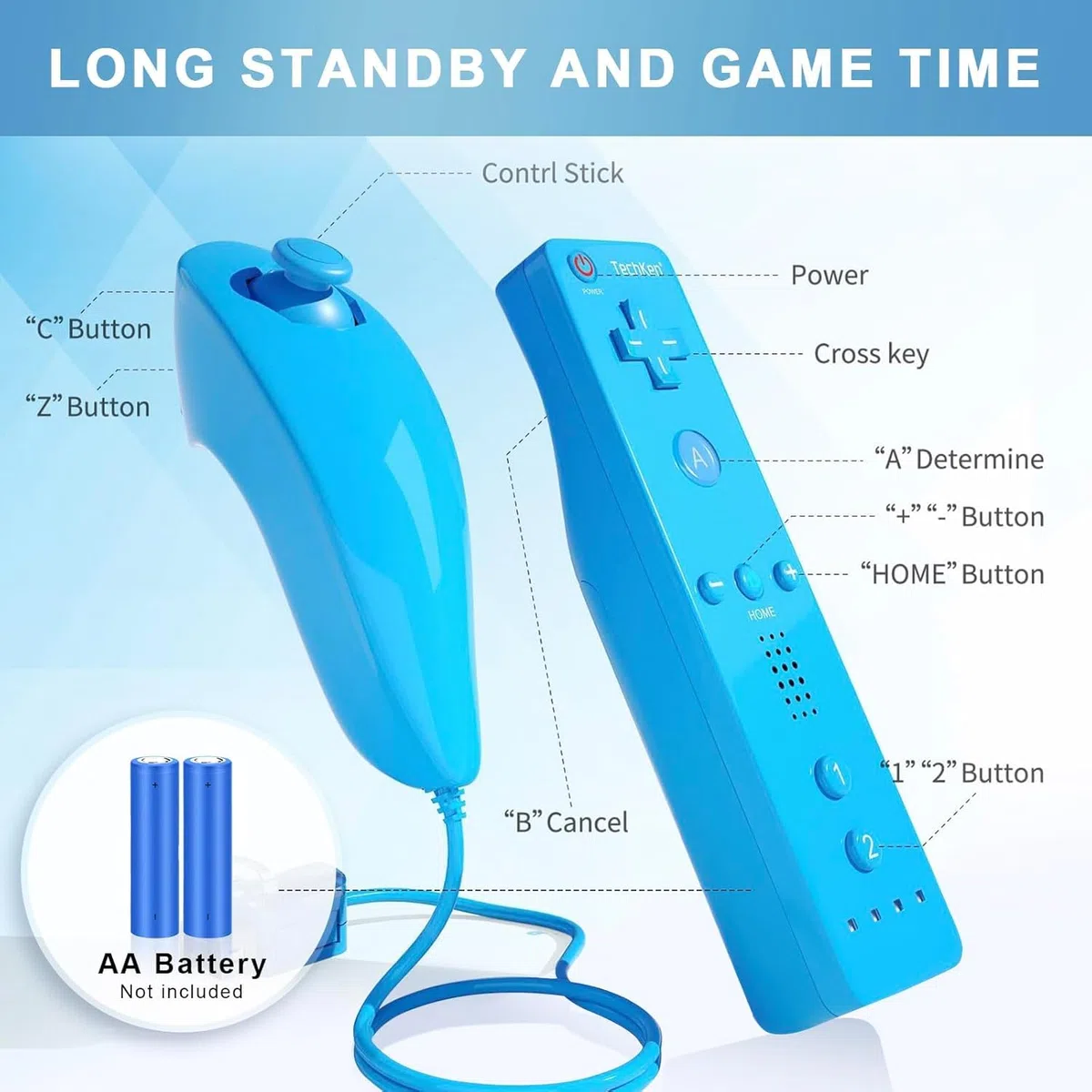 AUFGLO Wii Remote y Nunchuck compatible con Wii/Wii U - Incluye funda de silicona y correa para la muñeca (Rojo+Azul)