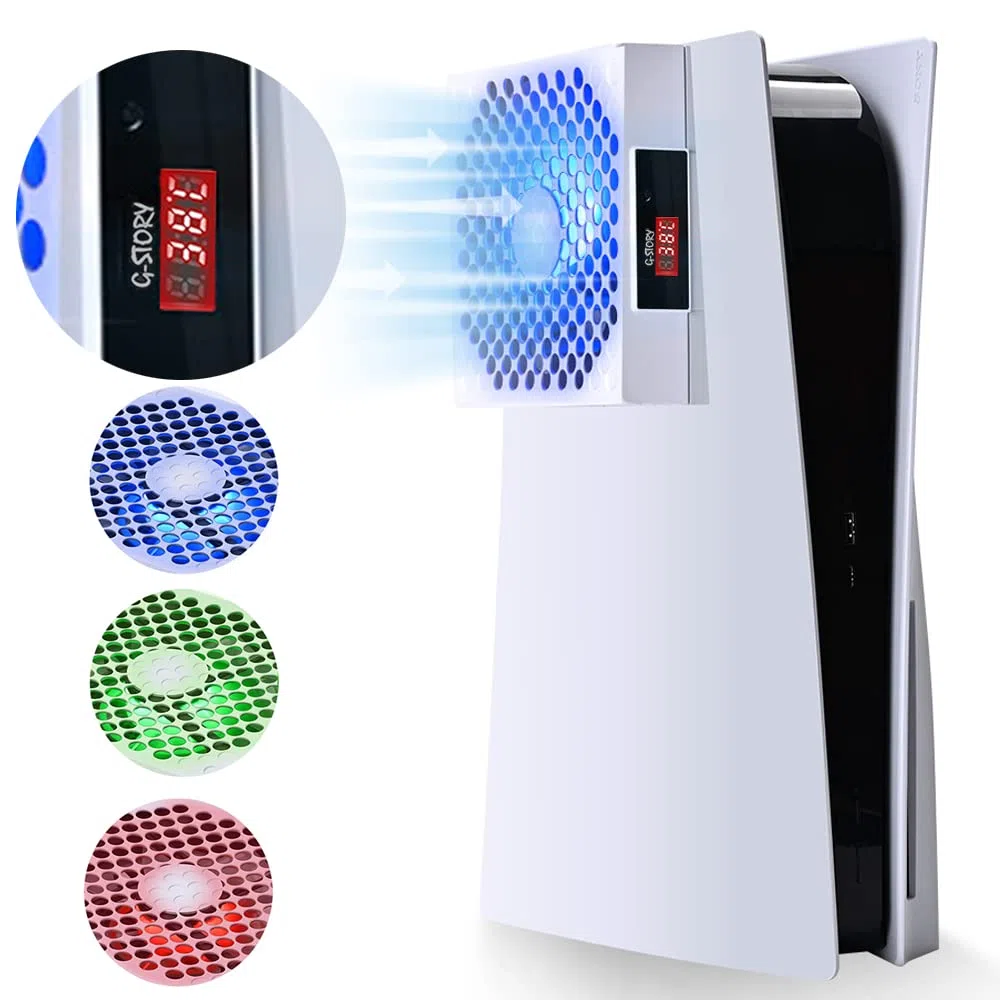 G-STORY Ventilador para PS5,Velocidad del ventilador ajustada automáticamente por la temperatura (℃/℉), Bajo ruido, 3 velocidades 1500/1750/2000RPM (140MM) con LED RGB