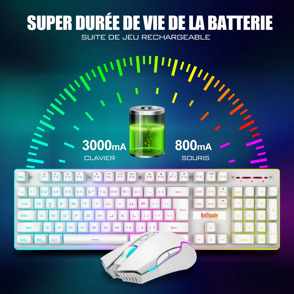 RedThunder K10 Teclado Gaming Sensación Mecánico Inalámbrico,Retroiluminación RGB,Batería Recargable de 3800 mAh, Anti-ghosting+Ratón 7D 3200DPI,AZERTY FR,para PC/PS5/Xbox-Blanco