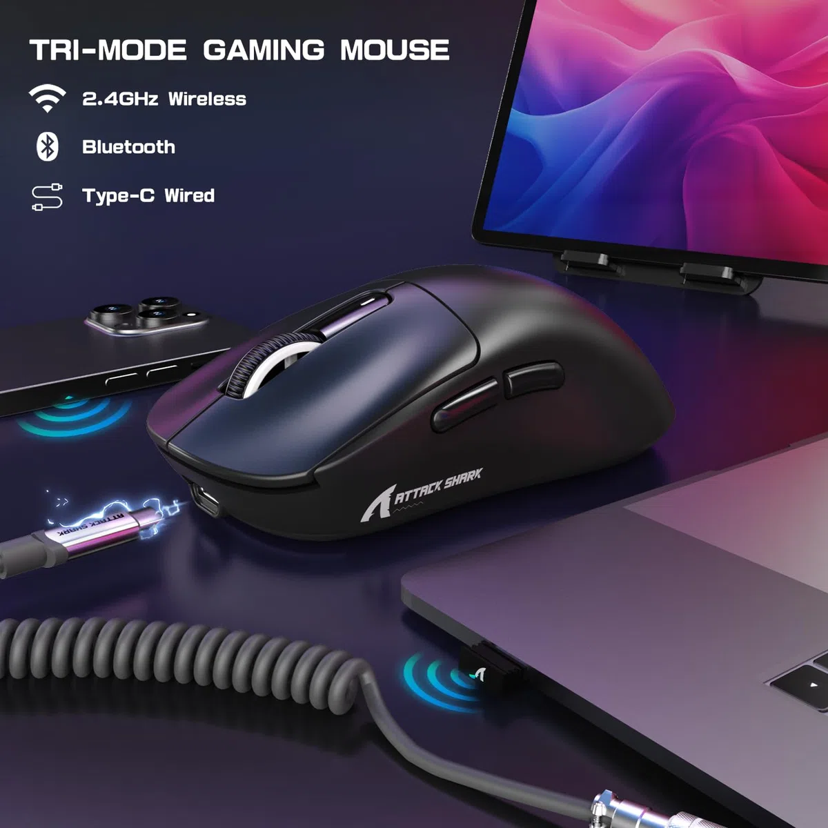 ATTACK SHARK X3MAX Superlight de 49g Ratón, Sensor PixArt PAW3950, hasta 420000 dpi, Ratón para Juegos BT/2.4G Wireless/Wired con Cable en Espiral, 100M Clicks Optical Microswitches, para PC/Xbox/Mac