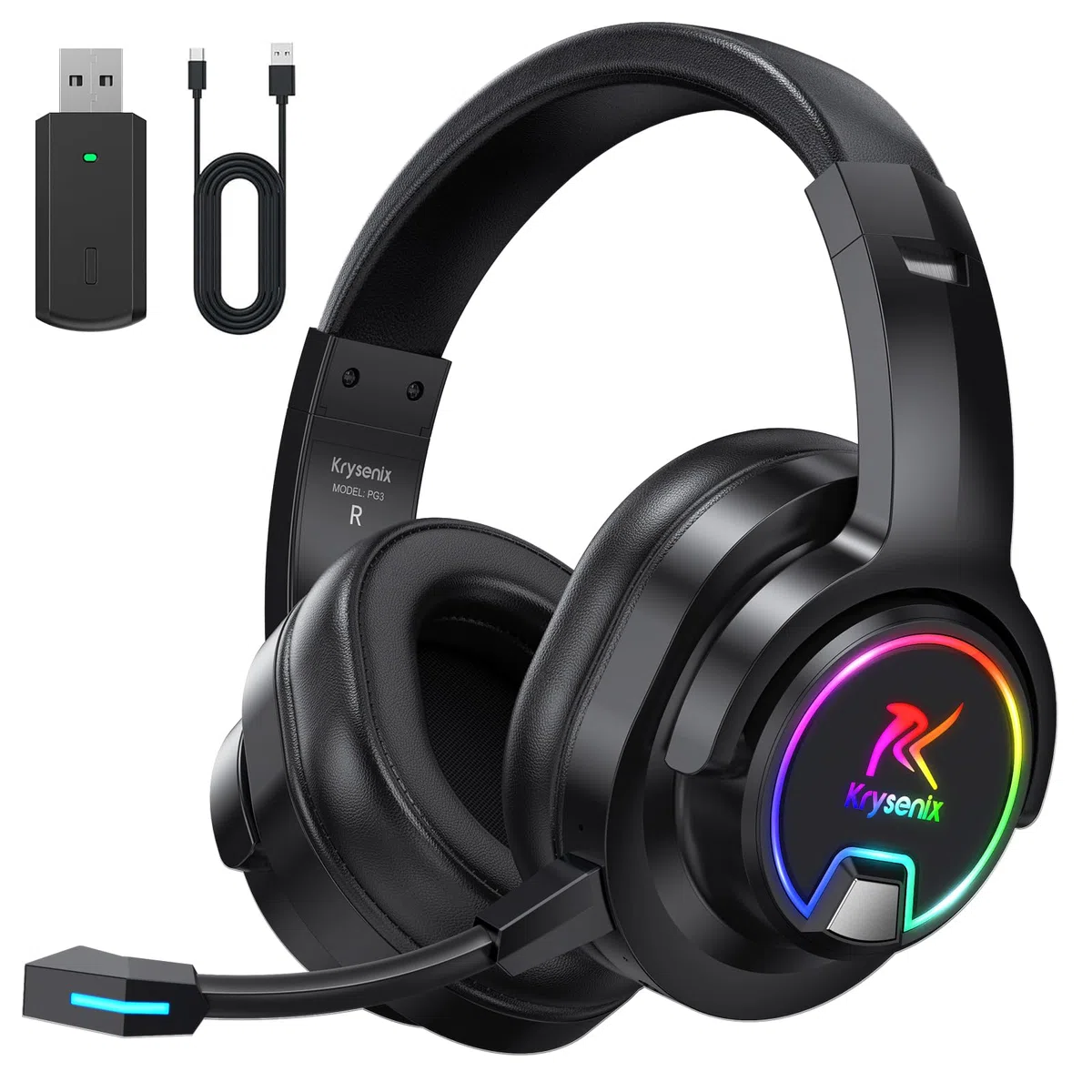 Krysenix PG3 2,4 GHz Cascos Gaming Inalámbricos para PS5, PS4, PC, Mac, Switch, Auriculares Inalámbricos Bluetooth 5.4 con micrófono Desmontable, 7.1 Sonido Envolvente, Duración 48Hr, Luz LED