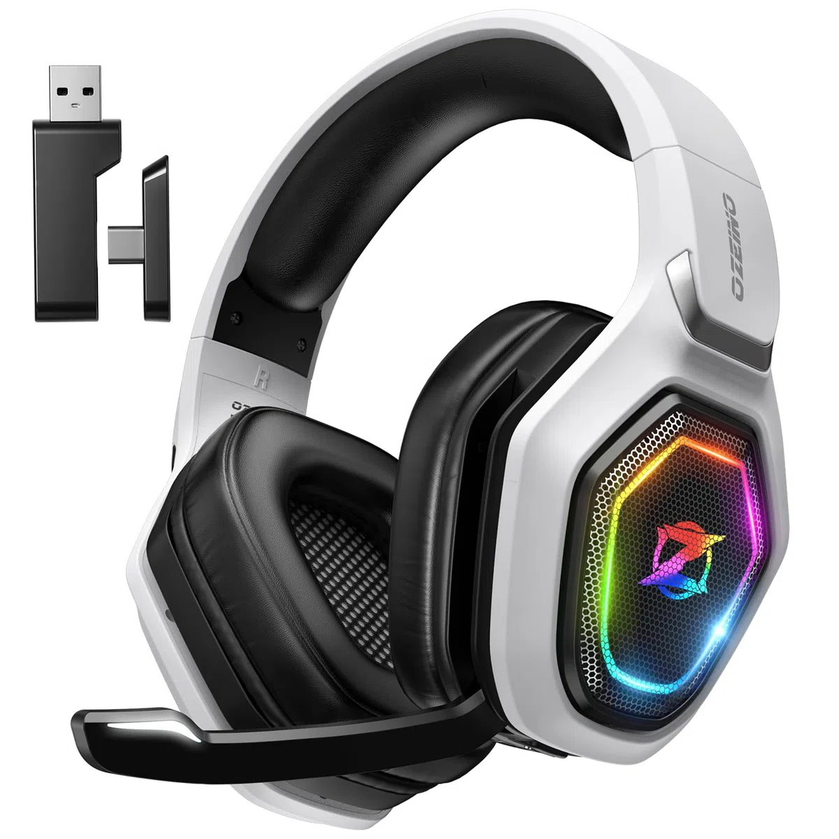 Ozeino Cascos Gaming Inalámbricos para PC/PS5/PS4, Auriculares Gaming Inalámbricos de 2,4GHz Wireless+Bluetooth, Baja Latencia Calidad de Sonido sin Pérdidas, Duración 30Hr+
