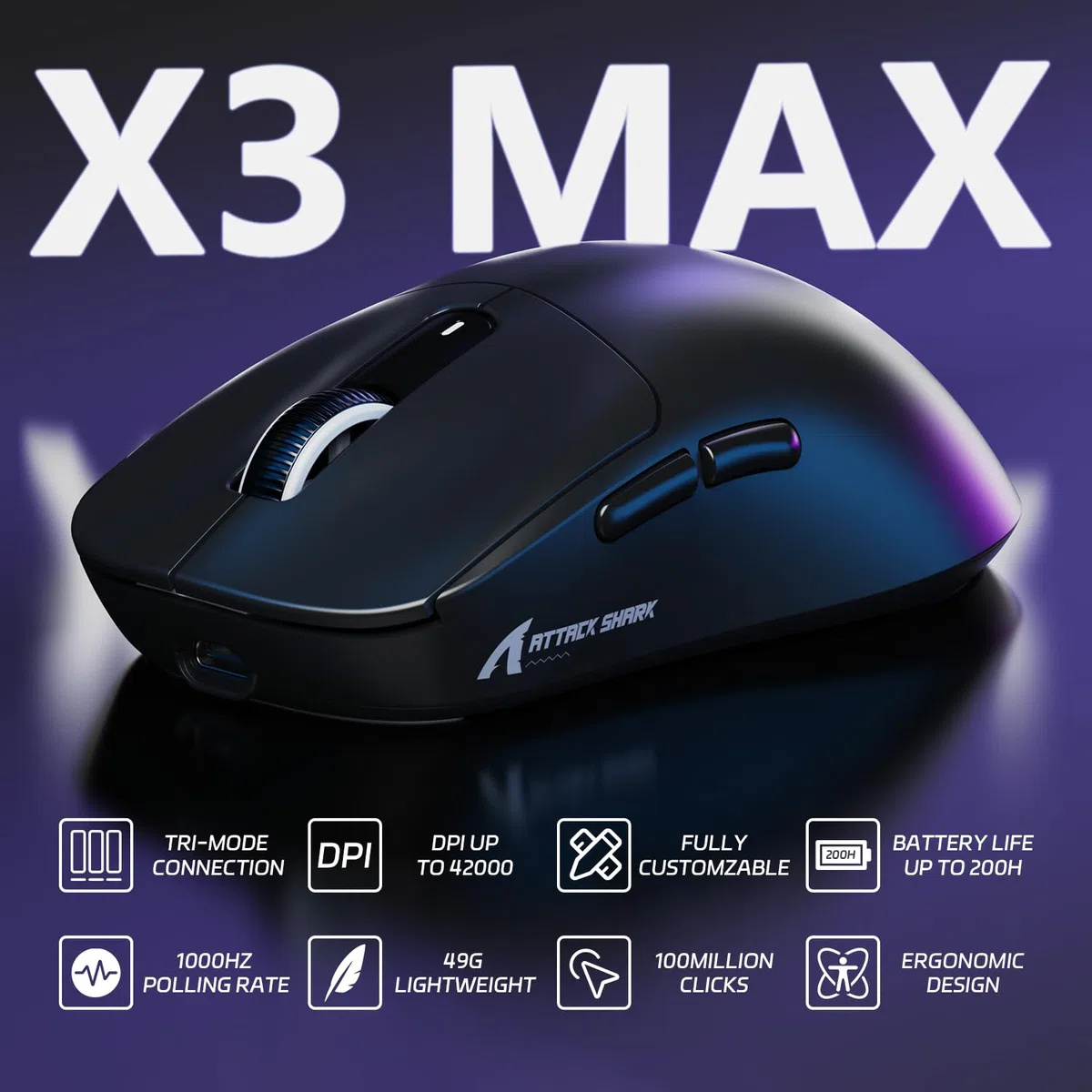 ATTACK SHARK X3MAX Superlight de 49g Ratón, Sensor PixArt PAW3950, hasta 420000 dpi, Ratón para Juegos BT/2.4G Wireless/Wired con Cable en Espiral, 100M Clicks Optical Microswitches, para PC/Xbox/Mac