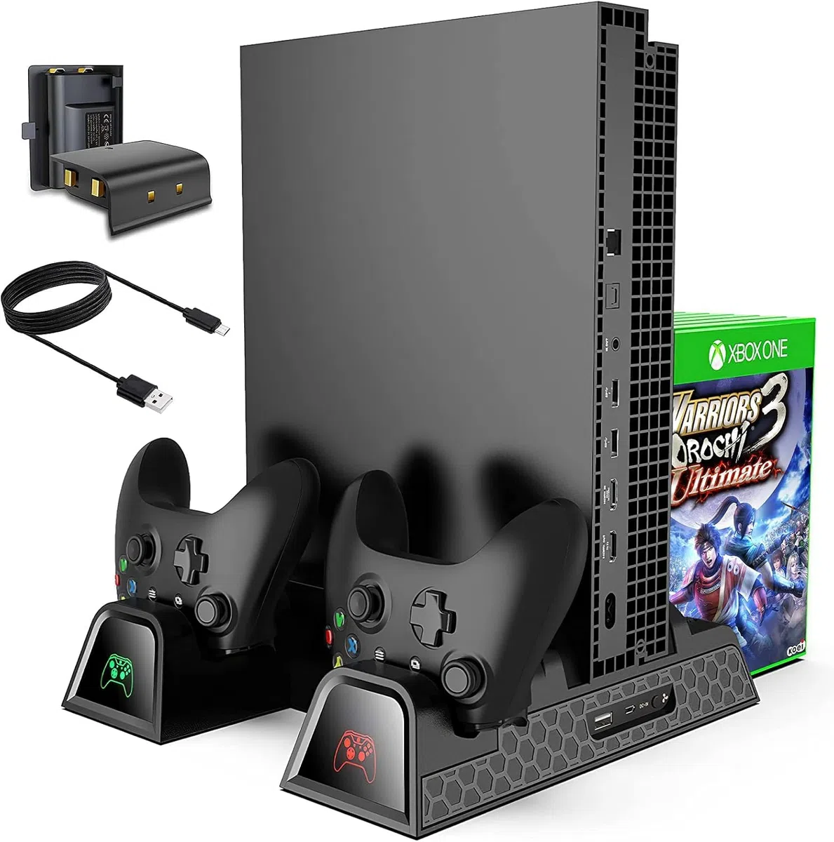 Soporte de refrigeración para Xbox One/One S/One X, estación de carga vertical con 2 baterías de 600 mAh, almacenamiento de juegos, estación de carga de doble mando