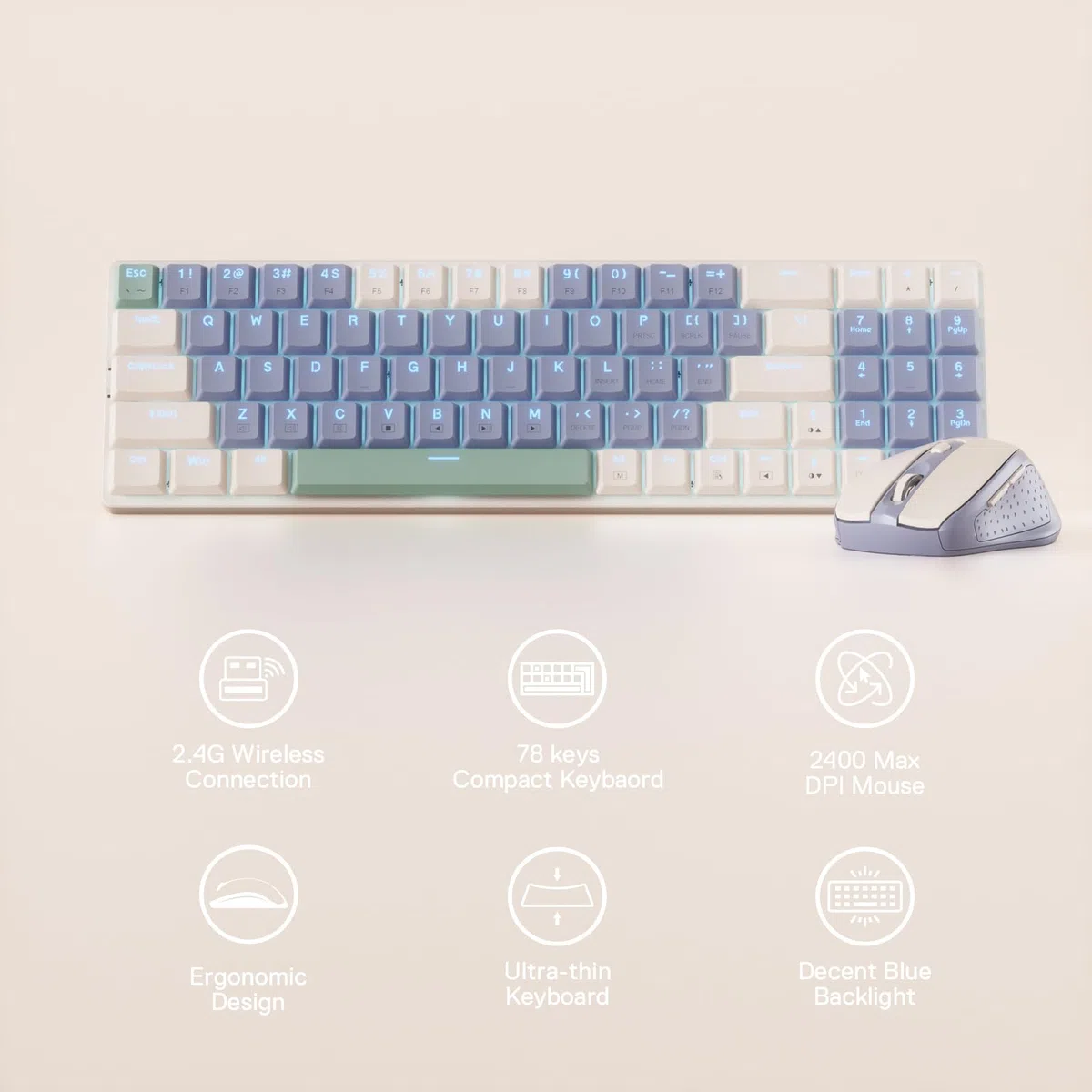 Redragon BS135 - Combo de teclado y mouse inalámbricos, 75% 78 teclas, 2.4 GHz, teclado mecánico inalámbrico de bajo perfil con batería recargable, luz negra azul única, mouse ergonómico de 2400 DPI