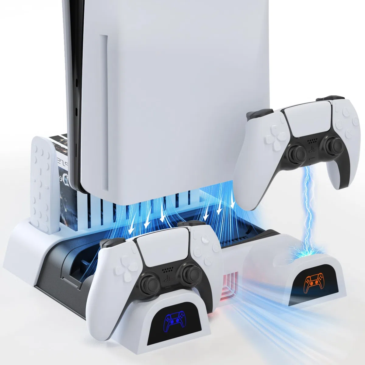 Soporte PS5/PS5 Slim con Ventilador y Estación Carga Mando PS5, Soporte Refrigeración PS5/PS5 Slim con Indicador Compatible con cargadores de controlador PS5 10 Game Slots Media Storage