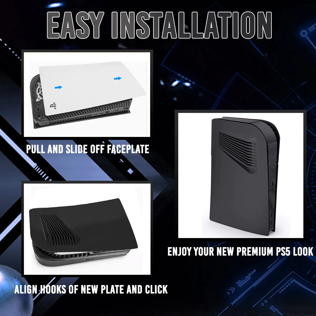 ElitePlay Placa frontal digital PS5 negra con rejillas de ventilación de refrigeración, placas de repuesto curvadas, accesorio para Playstation 5 Digital Edition
